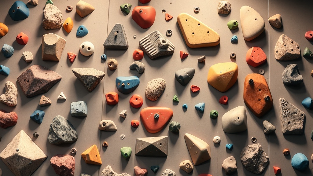 다양한 각도와 질감을 가진 클라이밍 홀드들이 벽에 설치되어 있는 모습