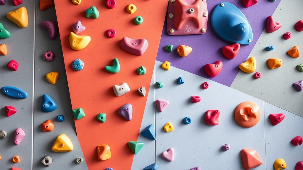 다양한 각도와 형태의 클라이밍 홀드가 부착된 실내 암벽장의 전체적인 모습